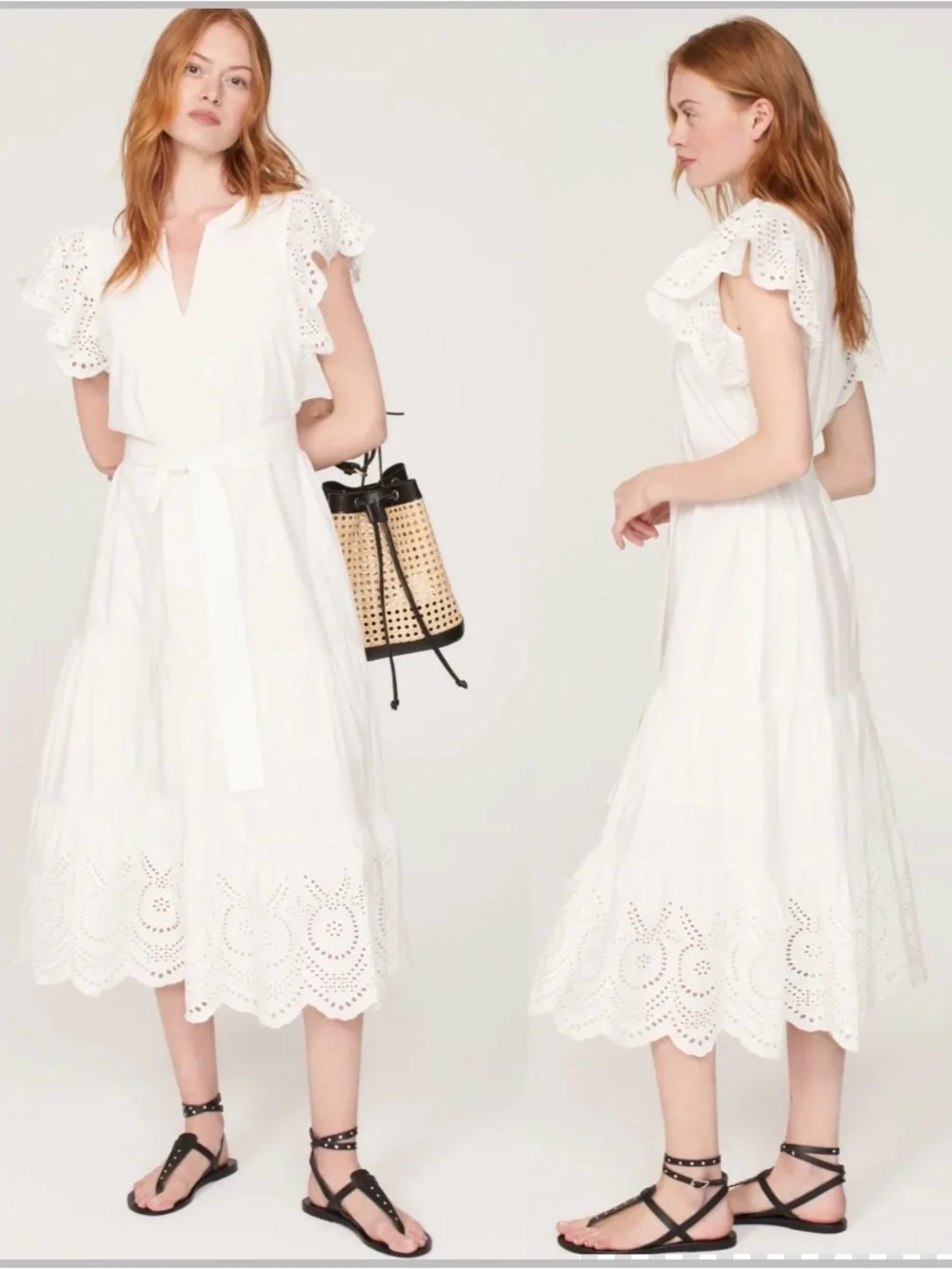 Rails Gia Dress Women's White Eyelet Midi Dress with Tie Waist Sz L